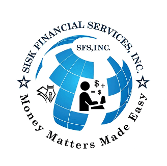 Logo of Sisk Financial Services, Inc. featuring a globe, person at a desk with money symbols, and the slogan "Money Matters Made Easy.